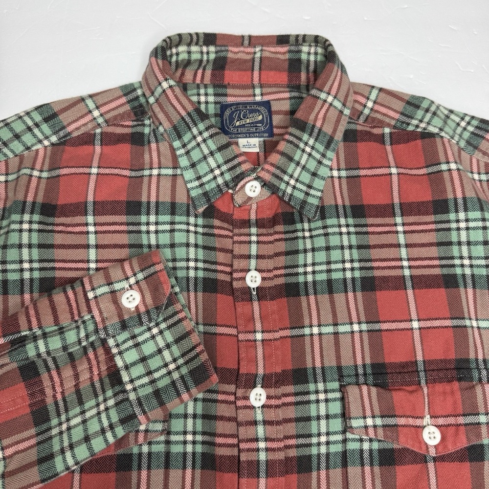 J. Crew Flannel Work Shirt Men's Large Red Mint Green Plaid Work Pockets B4423